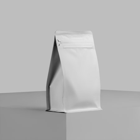 Mockup of a white doy pack for coffee beans, a presentation of zip packaging on a cube, close-up, isolated on a background. Pouch gusset template for tea, pack with product, for design, branding.の写真素材