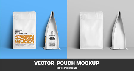 Mockup of vector coffee pouch, white package with modern design, with place for pattern, branding. Realistic illustration pack template, isolated on backgroundのイラスト素材