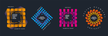 Vector abstract banners with geometric shapes, bright colored elements, volumetric frame for text, EPS10. A set of templates with an illustration, a creative tag with a design for business.のイラスト素材