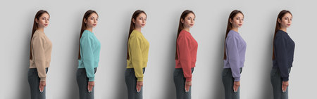 Mockup of colored crop sweatshirt on a beautiful posing girl in gray jeans, isolated on background,...