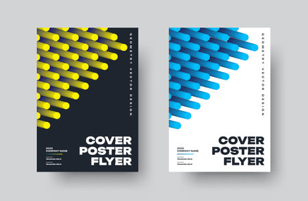 Vector poster with gradient geometric illustration,  , banner for business, promotion. Cover template, abstract flyer with blue, yellow round 3d elements, on a white, black background.のイラスト素材