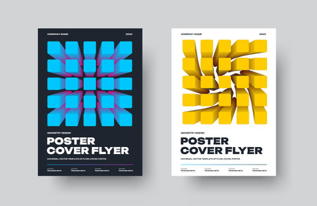Vector banner with geometric bright illustration, trendy cover on a white, black background. Poster template with blue, yellow square gradient elements in motion. Set of flyers for business promotionのイラスト素材
