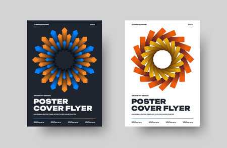 Vector cover with blue, orange square lines, 3d gradient frame, geometric illustration on white, black background. Flyer template with creative design. EPS10 poster set for business promotionのイラスト素材