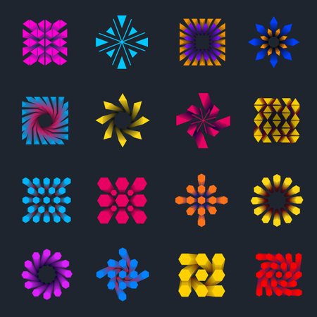 Vector geometric tag, bright frame with 3d hexagons, triangles, gradient lines, color elements on a dark background. Set of dynamic illustration with design. Flyer template for business promotion.のイラスト素材