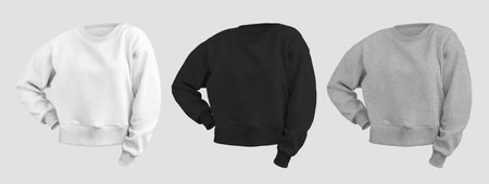 Mockup of white, black, heather shirt front view, female crop sweatshirt 3D rendering, longsleeve isolated on background. Set of clothes. Template apparel for girls, for design, brand, advertising.の写真素材