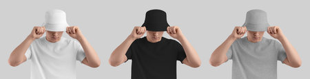 Mockup of white, black, heather panama on guy, straightens hat brim, isolated on background. Set of...