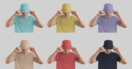Template yellow, violet, dark blue, tan, nude, red, turquoise hat on guy in t-shirt, corrects panama, isolated on background. A set of fashion accessories. Mockup of a headdress for sun protectionの写真素材