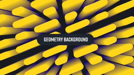 Vector diagonal illustration, symmetrical blend shapes, abstract graphic decor, gradient blue, yellow 3d elements on black backdrop. Bright background with geometric lines for presentation, promotionのイラスト素材