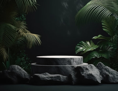 Mockup of high stone scene on dark background, rock podium, design with green tropical leaves, monstera, palm tree. Texture platform template for premium product presentation. Generative AIの素材