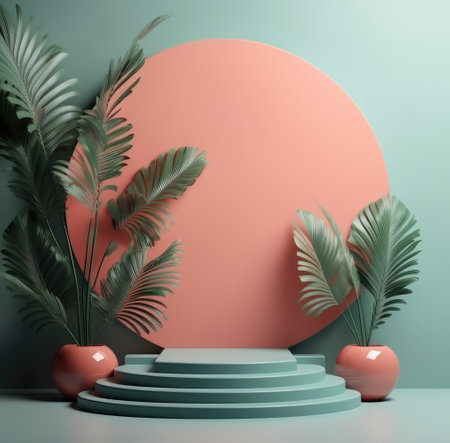 Turquoise podium mockup with matte pink background, green tropical leaves, palm, glossy decor. Fashion scene for product presentation, cosmetics. Template of texture elements. Generative AIの素材