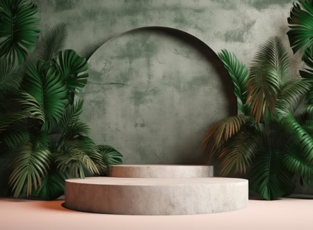 Mockup of a pink stone wall, a round platform on a background of dark marble, tropical leaves, monstera, palm. Trendy illustration of podium for presentation. Scene template with design. Generative AIの素材