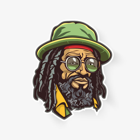 Vector cartoon illustration, dreadlocked rastaman sticker with glasses, hat in green, red, yellow. Emblem design with hippie head, bearded hipster portrait, marijuana smoking lifestyle, happy man.のイラスト素材