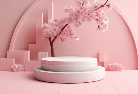 Illustration of a white stepped podium, a scene with branches of flowers, sakura, on a pink geometric background. Round stage with shadows for product presentation. Generative AI technologiesの素材