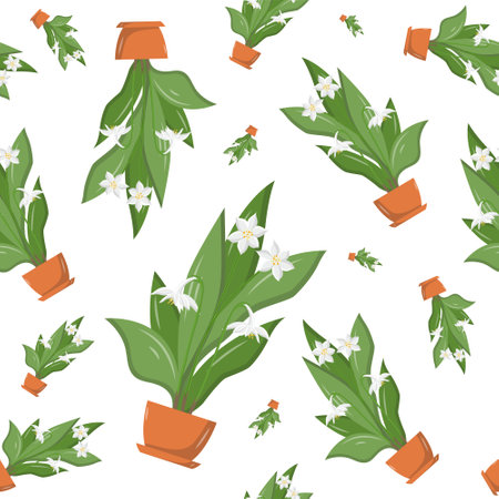 Vector seamless pattern of home flowers in a pot, blooming white lilies, picture with shadows. Template for wallpapers, covers, notebooks. Creative illustration of a decorative background with plants.のイラスト素材
