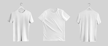 Mockup of white men's t-shirt, presentation on hanger, front, back view, isolated on background. Set of sportswear, product photography for advertising, commerce. Fashion apparel template for designの写真素材