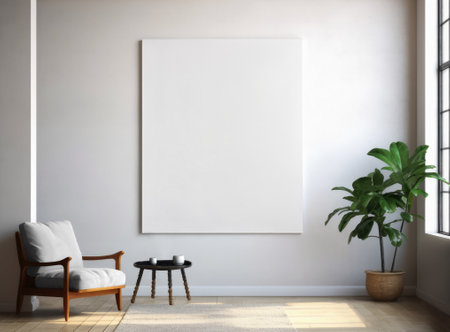 Large canvas mockup on the wall, interior frame, 3D illustration with room design, white furniture for pattern, print. Picture template,poster on studio wall background for presentation. Generative AIの素材