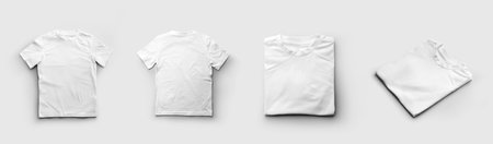 Mockup of a white t-shirt, folded cotton shirt front, back, diagonally, isolated on background. Set. Product photography for commerce, advertising. Apparel template for design, pattern, brand.の写真素材