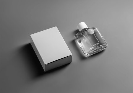 Mockup of a white box, transparent perfume bottle, isolated on background with shadows. Fashionable packaging template with aromatic liquid. Product photo for advertising, design, branding, print.の写真素材