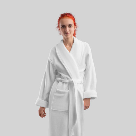 Girl posing in a white terry robe - home wear template for design, branding, advertising. Mockup of robe isolated on the background, front view, perfect for various creative and commercial purposes.の写真素材