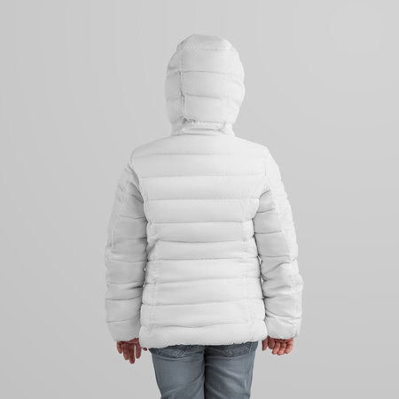 Winter warm jacket template on a girl in a hood, rear view, isolated on a background. Mockup of stylish outerwear for design, branding, commerce. Kids clothes for street, cool weatherの写真素材