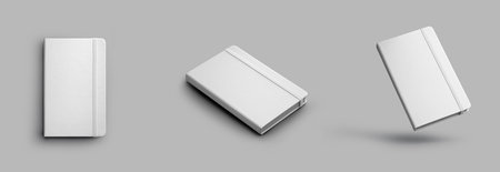Mockup of closed white notepad with elastic band, organizer for notes, planning, daily. Set of...
