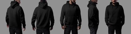Mockup of black oversized hoodie on brutal man, isolated on background. Set of front, side, back,...