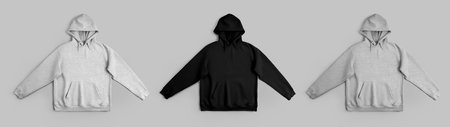 White, black, heather oversized hoodie template laid out, isolated on background, front view. A set of fashionable men's clothing. Streetwear mockup with pocket, hood, for design, print, brandingの写真素材
