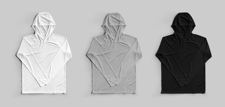 Mockup of white, black, heather longsleeve, isolated on background, summer sun protection sweatshirt with hood, front view. Set of men's clothing for design, branding. Apparel template for advertisingの写真素材