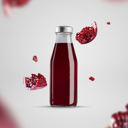 Template of glossy glass bottle with pomegranate juice, flying blurred pieces of fruit, close-up, for design, branding. Mockup of transparent container with tropical beverage, isolated on backgroundの写真素材