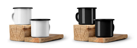 Mockup of white, black enamel mugs with black rim, on old wooden beam, board, set of cups with handle, isolated on background. Template of metal mugs on textured timber for tourism, design, brandingの写真素材