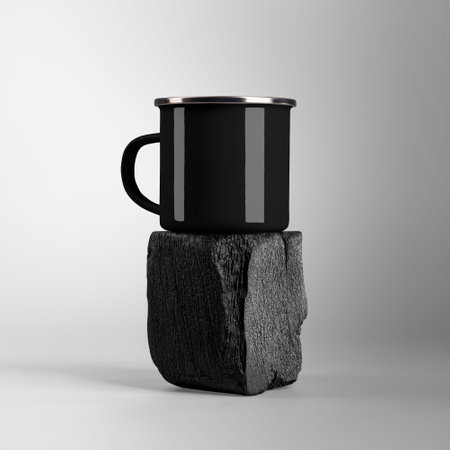 Mockup of black metal mug with chrome rim, handle, on burnt wooden beam, for design, branding, advertising. Presentation of iron cup on timber, for travel. Template of steel mug,isolated on backgroundの写真素材