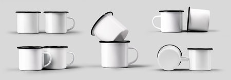 Mockup of white metal mugs isolated on background. Set of iron dishes for hot drinks, tourism, travel. Product photography for advertising. Enamel cup template for design, print, brandingの写真素材