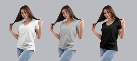 Mockup of white, black, heather v-neck t-shirt on girl in blue jeans, front view, isolated on background. Set of casual clothes. Fashionable streetwear template, women's shirt for design, brandingの写真素材