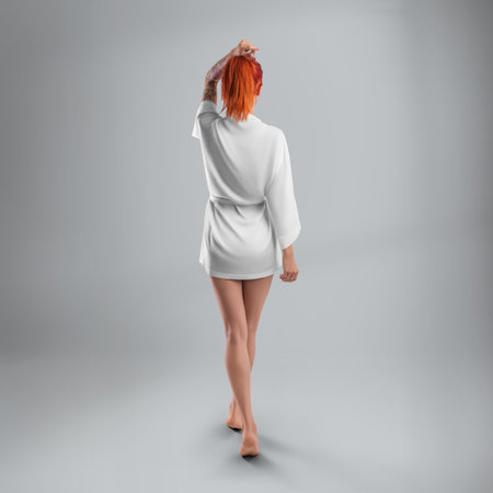 Template of a short silk robe on a girl, a kimono with a belt, on a slender model, full-length back view, for design, branding, advertising. Mockup of female home clothes isolated on background.の写真素材