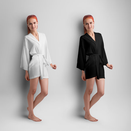 Mockup of white, black silk robe on beautiful girl, belt on waist, side view, short kimono for design, pattern, branding. Template of home clothes for a woman isolated on a backgroundの写真素材