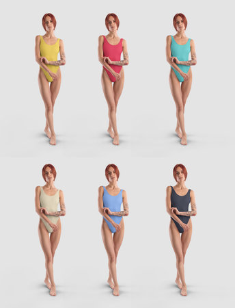 Mockup of a bright swimsuit one piece, on a posing redheaded girl with a tattoo, full length, front, isolated on background. Set of monokinis for design, advertising. Template of colored sportswearの写真素材