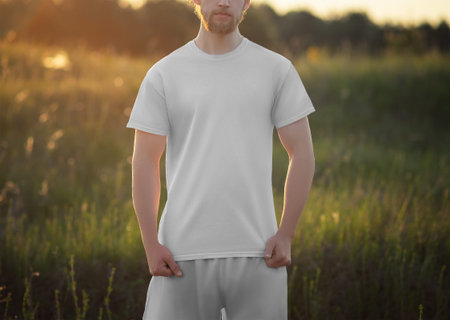 Mockup of a white t-shirt, shorts on a long-haired bearded man, close-up front view, suit on the...