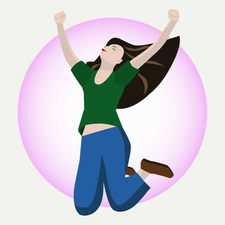 a young girl in a green shirt, blue pants in joy, jumps up with outstretched armsのイラスト素材