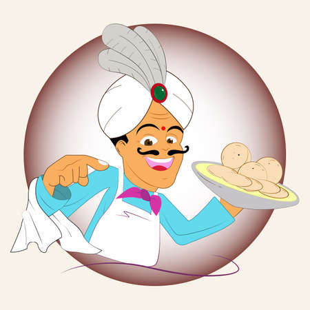 Indian chef in a national turban, with a towel on his hand, offers a delicious dishのイラスト素材
