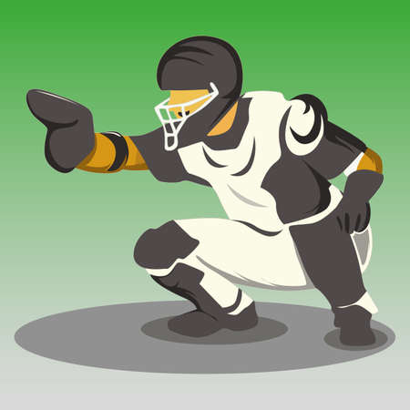 Baseball helper crouched and prepared to catch the ball thrown by another playerのイラスト素材