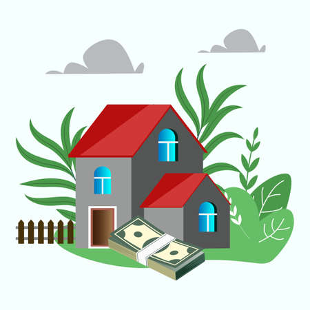 A stack of dollars to buy a two-story house with an extension and a fence, immersed in greeneryのイラスト素材