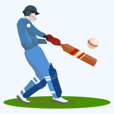 On the playing field, a cricketer at the moment of hitting the ball with a batのイラスト素材