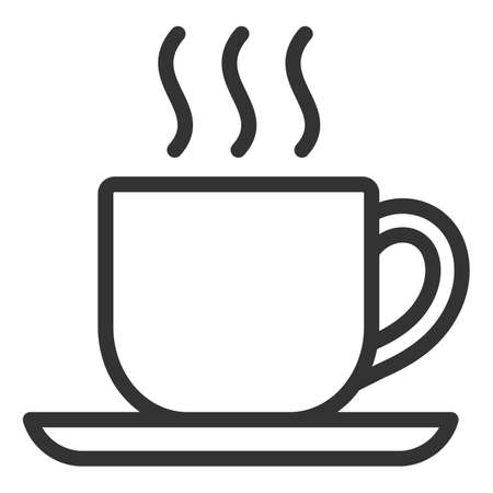 A cup of hot tea, coffee on a saucer, steam rises - vector sign, web icon, illustration on a white background, outline styleのイラスト素材