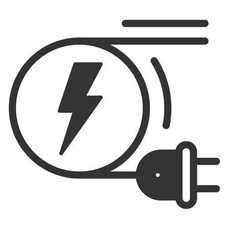 Wire with an electric plug is wound on a drum with lightning - vector sign, web icon, illustration on a white background, glyph styleの写真素材