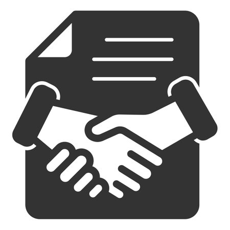Handshake on the background of a cooperation agreement, a sheet of paper - vector sign, web icon, illustration on a white background, glyph styleの写真素材
