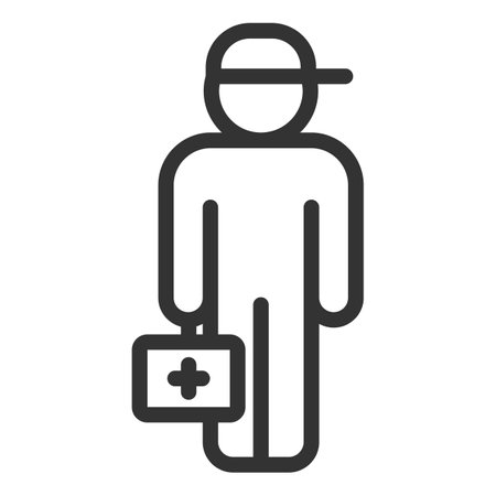 Rescuer with medical suitcase, red cross, ambulance - vector sign, web icon, illustration on white background, outline styleの写真素材