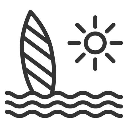Summer, seascape with sea, surfboard and sun - vector sign, web icon, illustration on white background, outline styleの写真素材