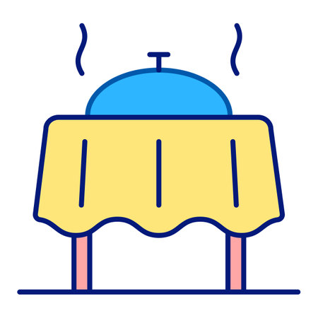 Evening dinner, table with tablecloth, hot food under domed cover - icon, illustration on white background, color styleの写真素材