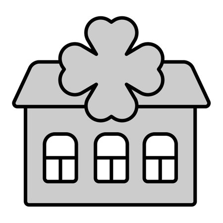 Residential building with windows and clover leaf - icon, illustration on white background, gray styleの写真素材