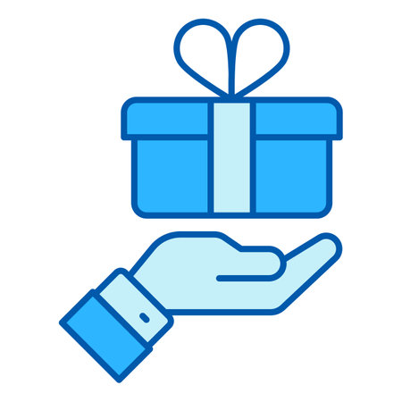 Delivered parcel with ribbons on the palm - icon, illustration on white background, similar styleのイラスト素材